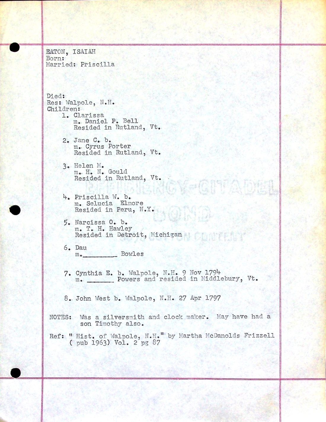 EATON, Isaiah (n.d.) Priscilla BELL PORTER GOULD